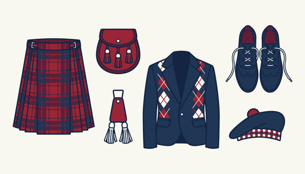Traditional Scottish Highland clothing set featuring tartan kilt and cultural fashion accessories