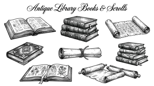 Vintage Antique Library Books and Paper Scrolls Collection, Hand Drawn Engraving Style Illustration of Old Manuscripts, Stacks of Books and Ancient Documents