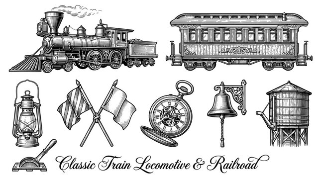 Vintage Railroad and Steam Locomotive Vector Collection with Train Carriage, Lantern, Pocket Watch, and Station Bell in Engraving Style