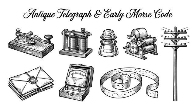 Vintage Telegraph and Morse Code Equipment Collection, Antique Hand-Drawn Engraving Vector Illustration of Communication History Tools