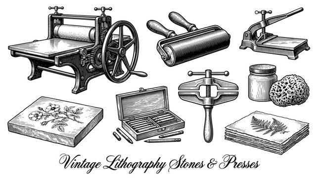 Vintage Lithography Printing Tools and Equipment Set including Press, Stone, Roller, and Supplies in Woodcut Engraving Style Illustration