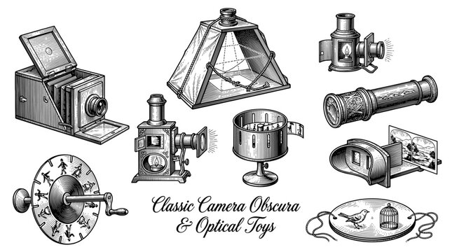 Vintage Optical Devices and Classic Camera Obscura Vector Illustration Set, Including Magic Lantern, Zoetrope, Stereoscope, and Thaumatrope Engraving Style Drawings