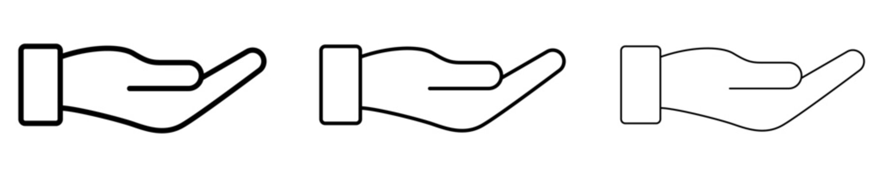 A set of linear open palm icons, presented in three different stroke weights. Universal hand gesture symbolizing assistance, support, care, or an offering. Vector illustration.