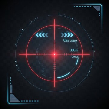 Digital targeting reticle with crosshairs, zoom, and range indicators