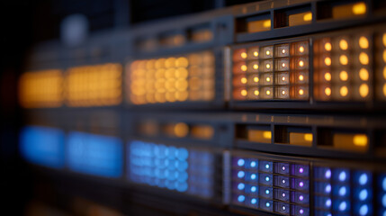 Naklejka premium Quantum random number generation server rack with blinking entropy indicator lights, close detail of front panel in dark server room, hardware infrastructure, cryptographic entropy source, cybersecu