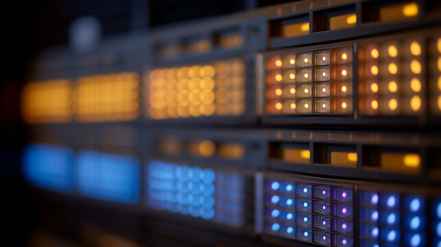 Quantum random number generation server rack with blinking entropy indicator lights, close detail of front panel in dark server room, hardware infrastructure, cryptographic entropy source, cybersecu
