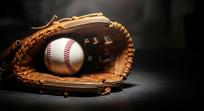Aged Leather Baseball Glove Holding a White Ball on a Dark Background, Ready for Play
