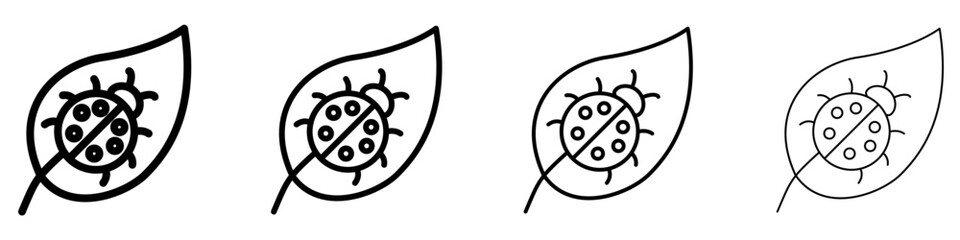 Set of ladybug on a leaf icons. Graphic elements with different line weights, symbolizing nature, insects, and ecological balance. Vector illustration. © chekman
