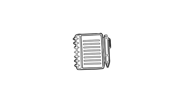 Hand-drawn notebook and pen icon on white background