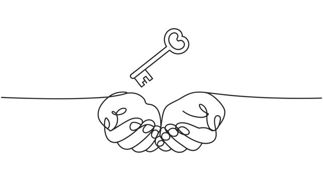 Hands holding a key in continuous line art with offering receiving opportunity solution unlocking