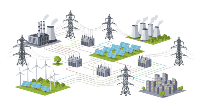 Electricity power grid with solar panels and transmission towers, flat vector energy illustration