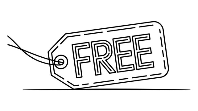 Single line drawing of a hanging tag with the word free and string promotion discount marketing shopping