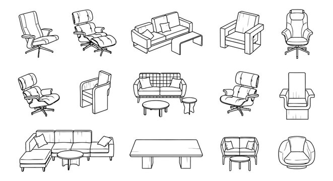 Architectural furniture CAD blocks set featuring 2D CAD sofas, armchairs, and tables for interior design floor plans and technical blueprints on a transparent background.
