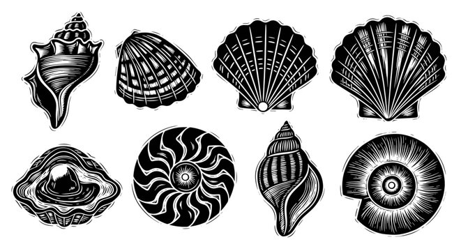 Vintage engraved seashell collection, black and white woodcut style illustration set