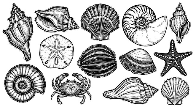 Vintage engraved seashell collection, black and white woodcut style illustration set