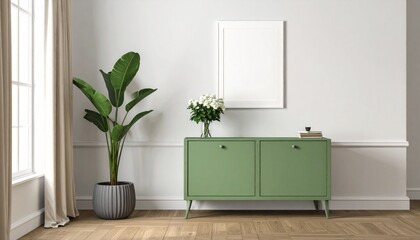 Fototapeta premium Minimalist Living Room with Green Sideboard and Vase