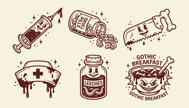 Vintage rubber hose gothic horror sticker set for halloween and alternative streetwear graphics