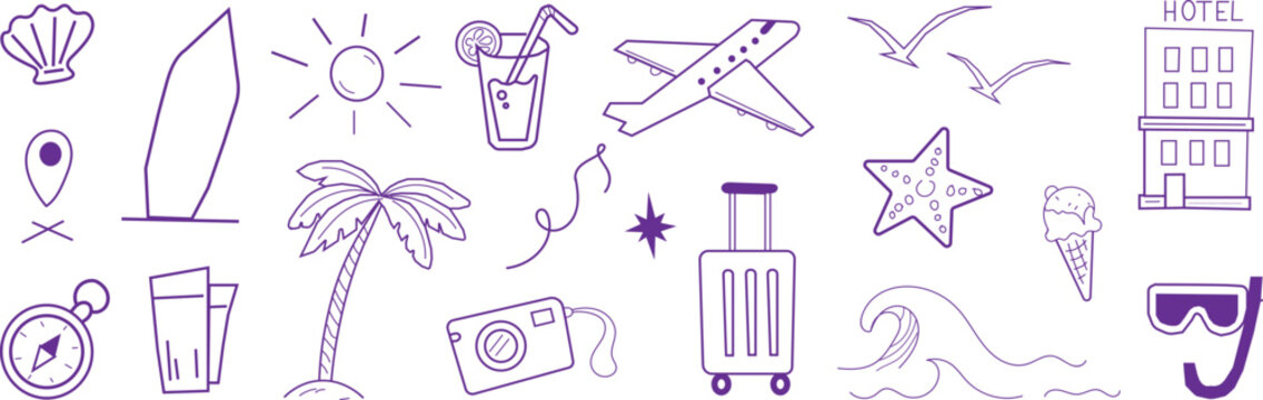 Summer beach icon element set. Hand drawn summer vacation doodle icons set with sun ice cream palm trees. with sun, sea, travel vacation holiday trip. Cute beach icon elements with sunglasses. Funny t