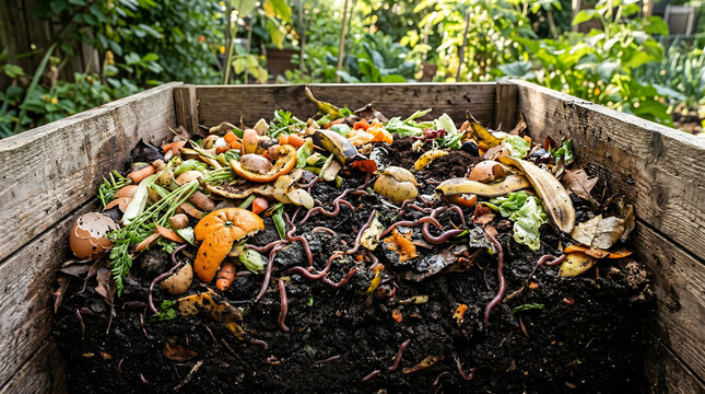 Composting bin with organic waste and earthworms working