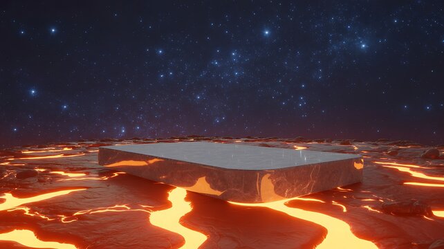 Abstract 3D rendering night blackground, Stone Podium on lava and magma volcano at night with many stars for for product display, advertising, mockup or etc