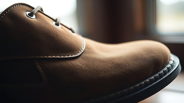 nubuck. Close-up of a single brown nubuck leather shoe with soft texture. lifestyle magazines, social media lookbooks, designed for lifestyle magazines and social media content, drives engagement.
