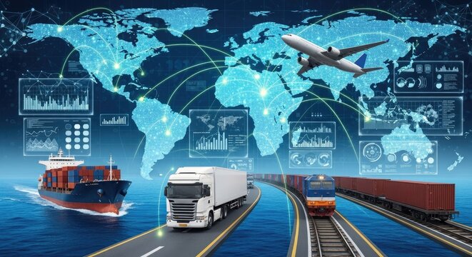 Global transportation network concept featuring cargo ship plane train and truck