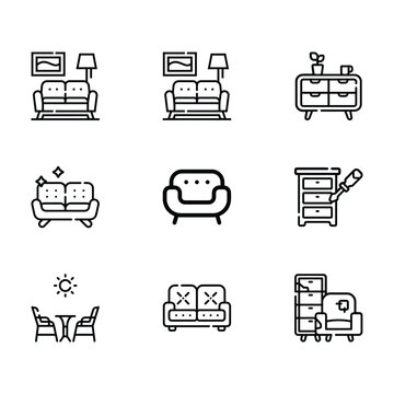 Modern Furniture Icons Set with Sofa, Bed, TV, Dining Table and Home Interior Elements