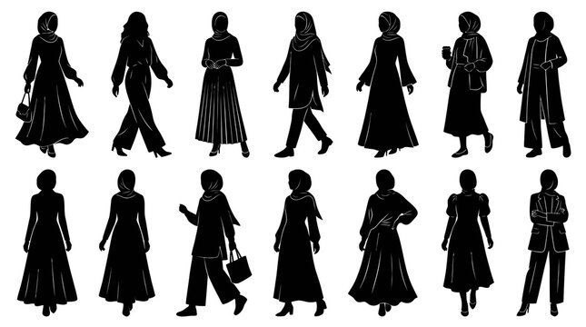 Modest Fashion Women Silhouettes Collection: Hijab Outfits Vector Set