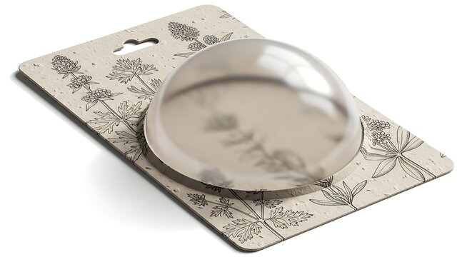 Dome-shaped object in plastic blister packaging on patterned card with blister pack, white background
