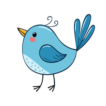 Charming Cartoon Blue Bird with Curly Feathers and Blush Cheeks
