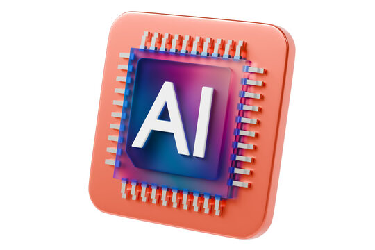 3d AI chip icon. artificial intelligence concept. minimal cartoon processor circuit microchip for machine learning software. isolated on white transparent background. 3d render.