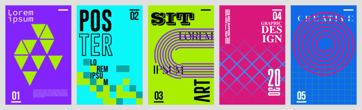 A vibrant collection of abstract poster designs featuring bold colors, geometric shapes. Each poster showcases unique layouts suitable for courses, magazines, banners, advertisements, and labels.