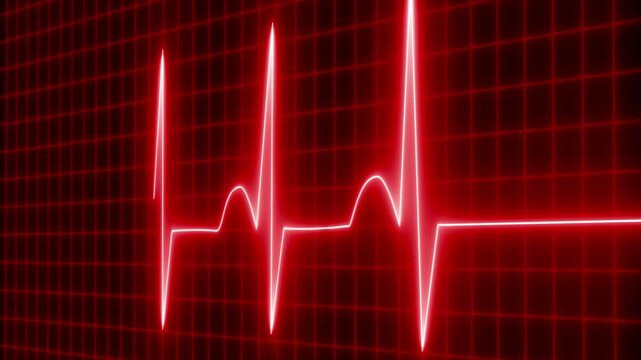 Continuous Neon Heartbeat Wave Motion, Glowing ECG Heartbeat on Grid Background
