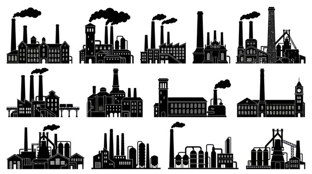 Industrial Factory Buildings and Manufacturing Plants Silhouette Vector Icons Set