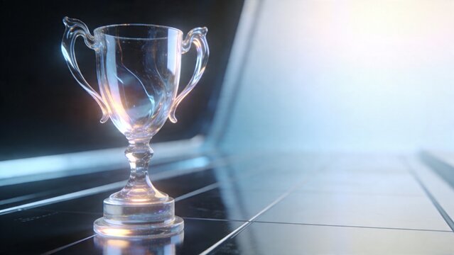 A shiny trophy sits on a reflective surface in a dark room with a laptop.