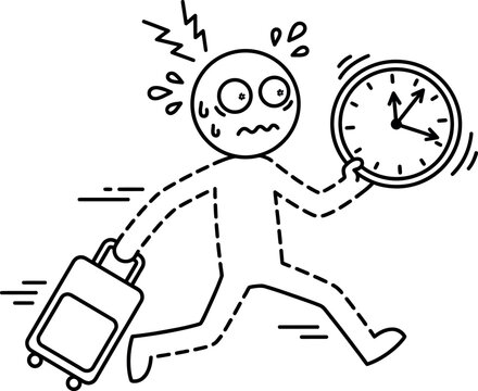 Cartoon stick figure running with luggage and clock in hand feeling stressed