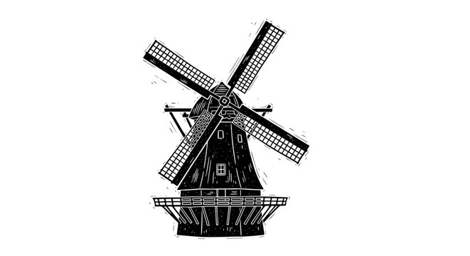 Vintage engraved windmill illustration isolated in black and white style