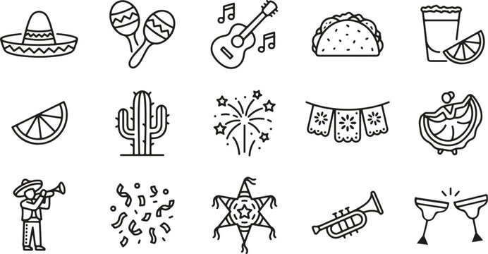 Mexican fiesta icon set with traditional food drink music celebration symbols editable stroke outline vector collection for cultural design