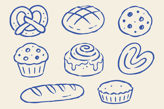 Bakery bread pastry set naive sketch vector illustration