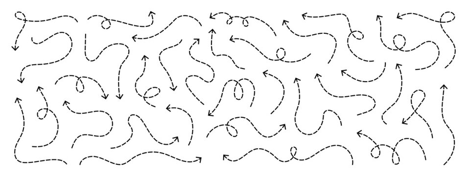 Set of squiggle line dashed arrows. Dash curved vector editable stroke arrows