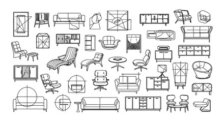 Fototapeta premium collection of architectural furniture line drawings for interior design blueprints
