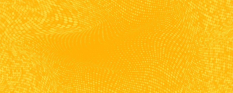 Yellow orange halftone background. Retro comic gradient background. Square pixilated dots cartoon texture.