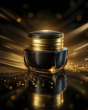 Elegant black jar with gold accents and shimmering light reflections