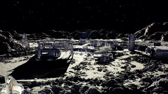 autonomous mining rover excavating lunar regolith, drill bits and conveyor pathways visible, processing module and stockpiles nearby, industrial mood focusing