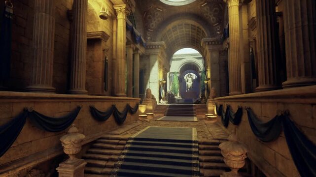 shadowed gallery corridor with dramatic drapes and rich velvet textures, spotlight pools and carved reliefs, theatrical mood suited for fashion editorials, gala