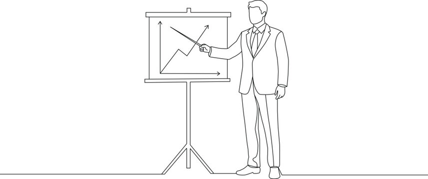 Businessman presenting growth chart on whiteboard with pointer continuous single line style. Simple outline editable stroke. Hand made doodle vector illustration