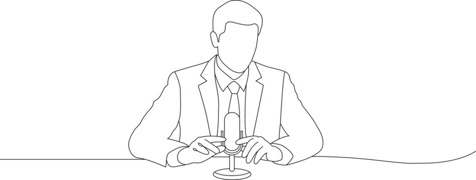 Man speaking into microphone continuous line art.  Editable thin outline. Simple contour art. Clean line art  Vector illustration