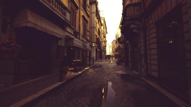 narrow passage lined by historic facades, warm light pooling on cobblestone, closed shopfronts and shadowed archways, intimate cinematic perspective and calm