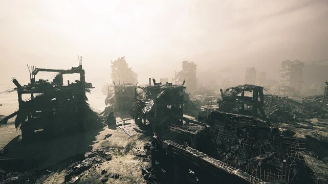 low sun silhouettes of monolithic wrecks in foreground, massive hulks and looming outlines create sense of scale and weight, long shadows and textured rusted