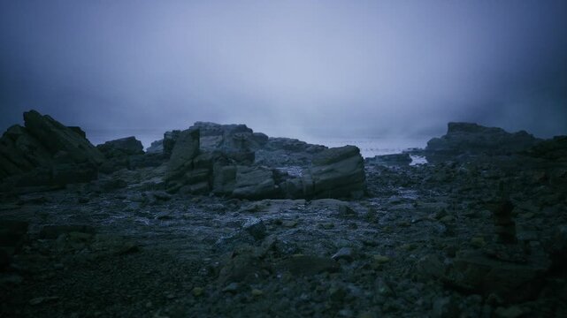 foggy rocky inlet under cold sky, low visibility with muted silhouettes of boulders, restless surf barely visible, tense atmospheric stillness with cinematic